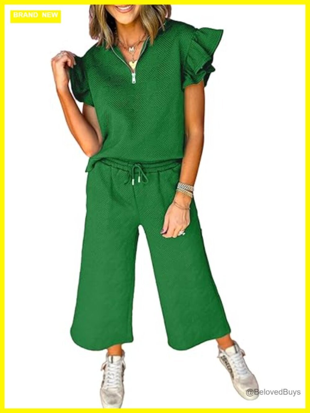 2 Piece Lounge Set - V Neck Collared Ruffle Short Sleeve Polo Shirt Quarter Zip